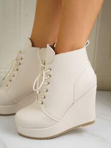 planare 女士白色系带坡跟靴，舒适厚底设计，轻松打造时尚造型，秋冬季必备 - 米色 - 查看 8