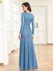 Summer High Quality Elastic Sequin V-Neck Long Sleeves With Slim Fit And A Line Hem Design, Solid Color Elegant And Luxurious Long Dress For Women, Making Women Younger And More Charming, Suitable For Various Parties, Graduations, Weddings, Events And Various Banquets And Dancing Parties, Formal Ball Gown For Women, (Deluxe Edition) Party Dress Wedding Guest Dress Evening Dress - Màu xanh nhạt - Xem 2