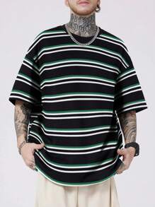 Men Striped Print Tee - Black - View 1