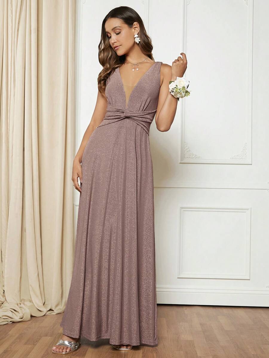 SHEIN Belle Twist Front Glitter Maxi Dress - Dusty Pink - View 1