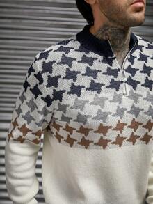 GENTILAND 男士千鳥格圖案四分之一拉鍊毛衣 - 彩色 - 查看 4