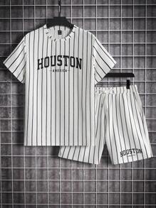 Manfinity RebelGame Hombres con estampado de rayas y letra Camiseta & de cintura con cordón Shorts - Blanco y Negro - Ver 1