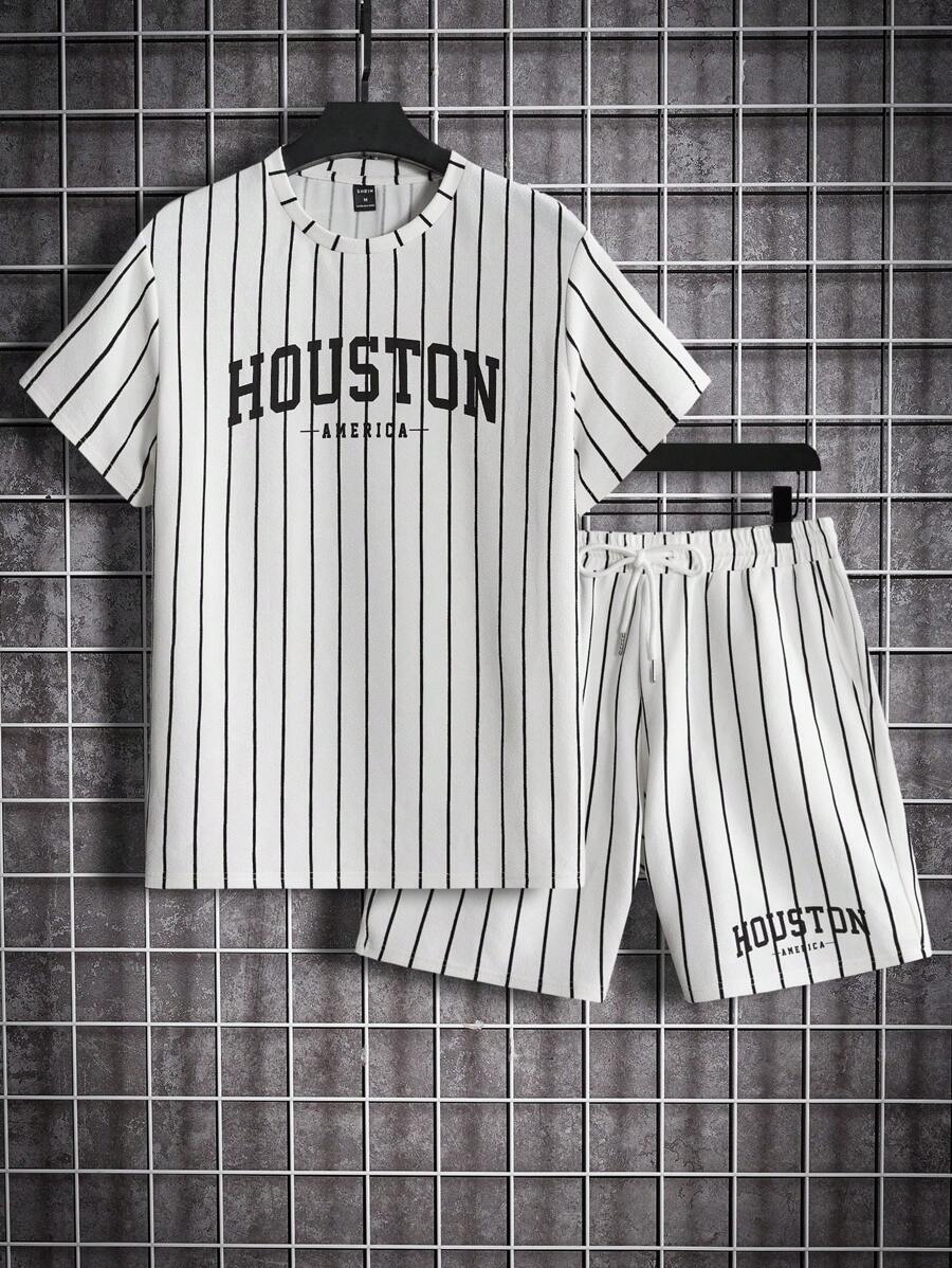 Manfinity RebelGame Hombres con estampado de rayas y letra Camiseta & de cintura con cordón Shorts - Blanco y Negro - Ver 1