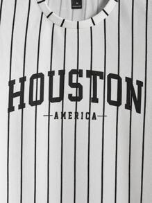 Manfinity RebelGame Hombres con estampado de rayas y letra Camiseta & de cintura con cordón Shorts - Blanco y Negro - Ver 3