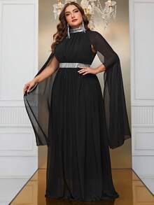 YISIKADO 大碼亮片拼接小高領雪紡正式連衣裙 - 黑色 - 查看 6