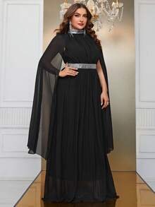 YISIKADO 大碼亮片拼接小高領雪紡正式連衣裙 - 黑色 - 查看 7