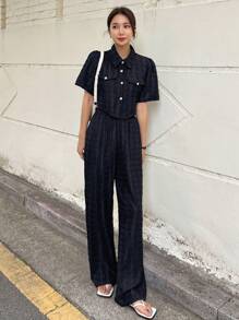 DAZY Flap Detail Button Front Shirt & Wide Leg Pants