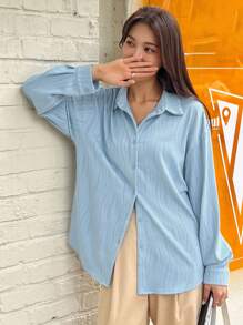 DAZY Solid Button Front Drop Shoulder Shirt Long Sleeve Women - Blue - View 1