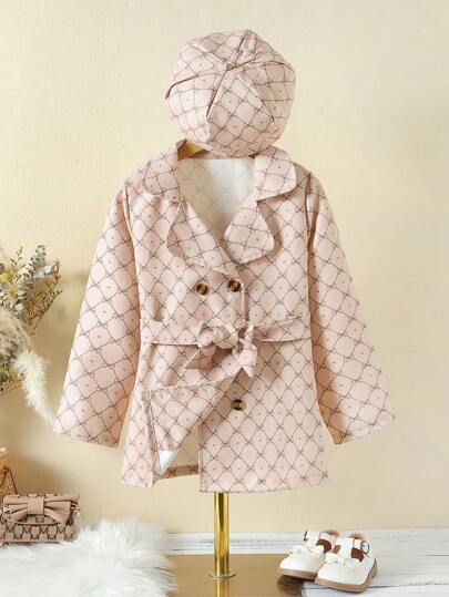 SHEIN Junges Mädchen All Over Print doppelten Knopfleisten, Gürtel, Trenchcoat mit & Hut