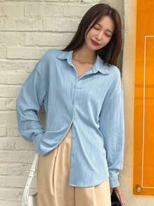 DAZY Solid Button Front Drop Shoulder Shirt Long Sleeve Women - Blue - View 4