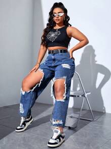 SHEIN ICON Plus High Waist Ripped Straight Leg Jeans - Dark Wash - View 3