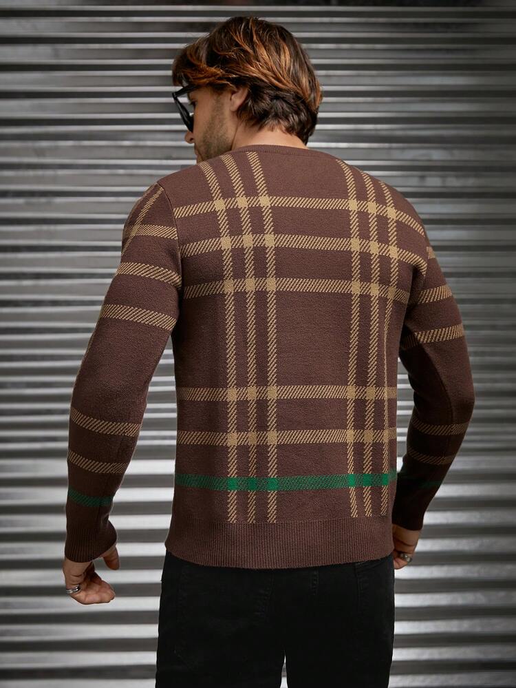 Men Plaid Pattern V Neck Sweater