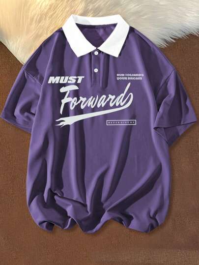 Guys Slogan Graphic Contrast Collar Polo Shirt