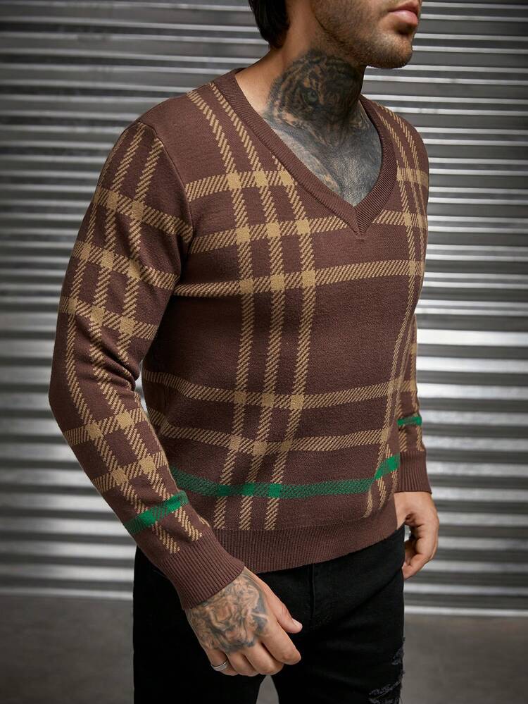 Men Plaid Pattern V Neck Sweater