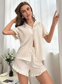 贴袋荷叶边睡衣套装/睡衣套装