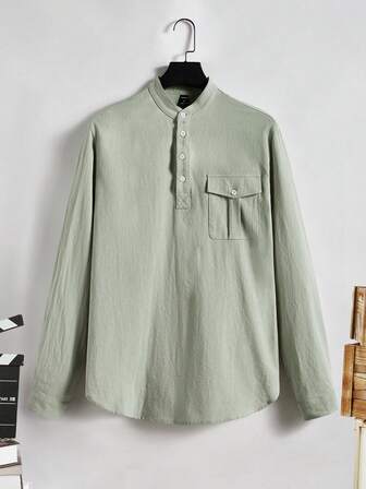 GENTILAND Men Flap Pocket Half Button Curved Hem Shirt