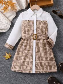 SHEIN 女小童滿版印花腰帶大衣