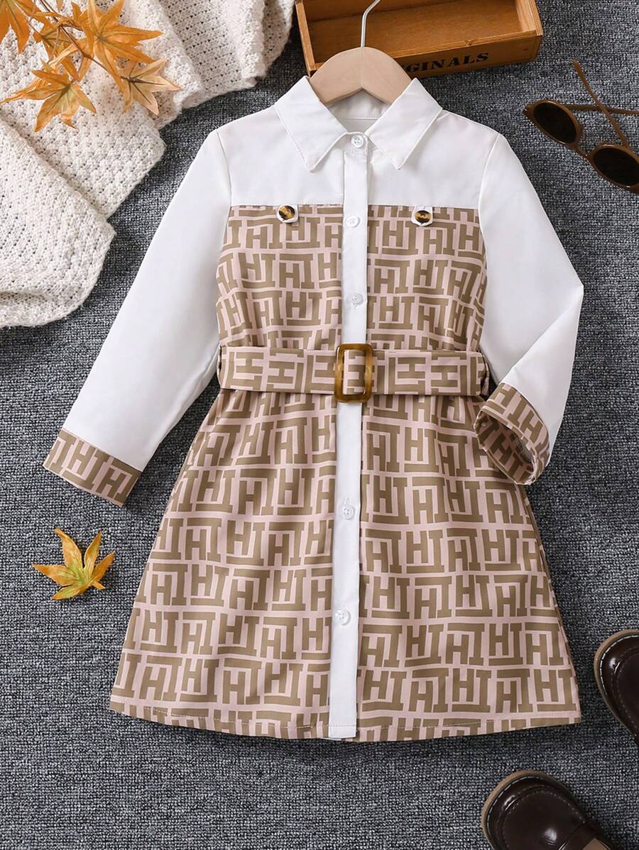 SHEIN 女小童滿版印花腰帶大衣