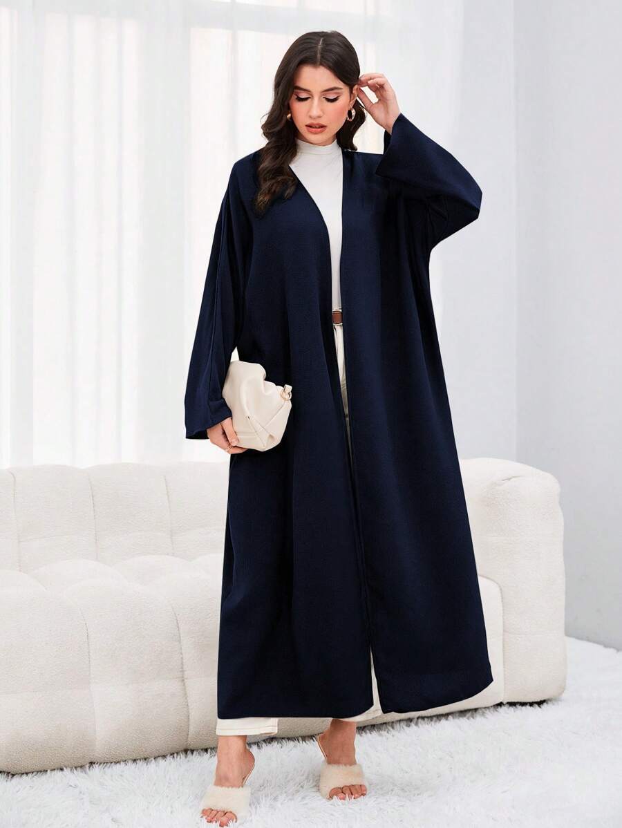 Al Najma Solid Batwing Sleeve Open Front Abaya - Navy Blue - View 1