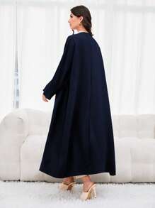 Al Najma Solid Batwing Sleeve Open Front Abaya - Navy Blue - View 2
