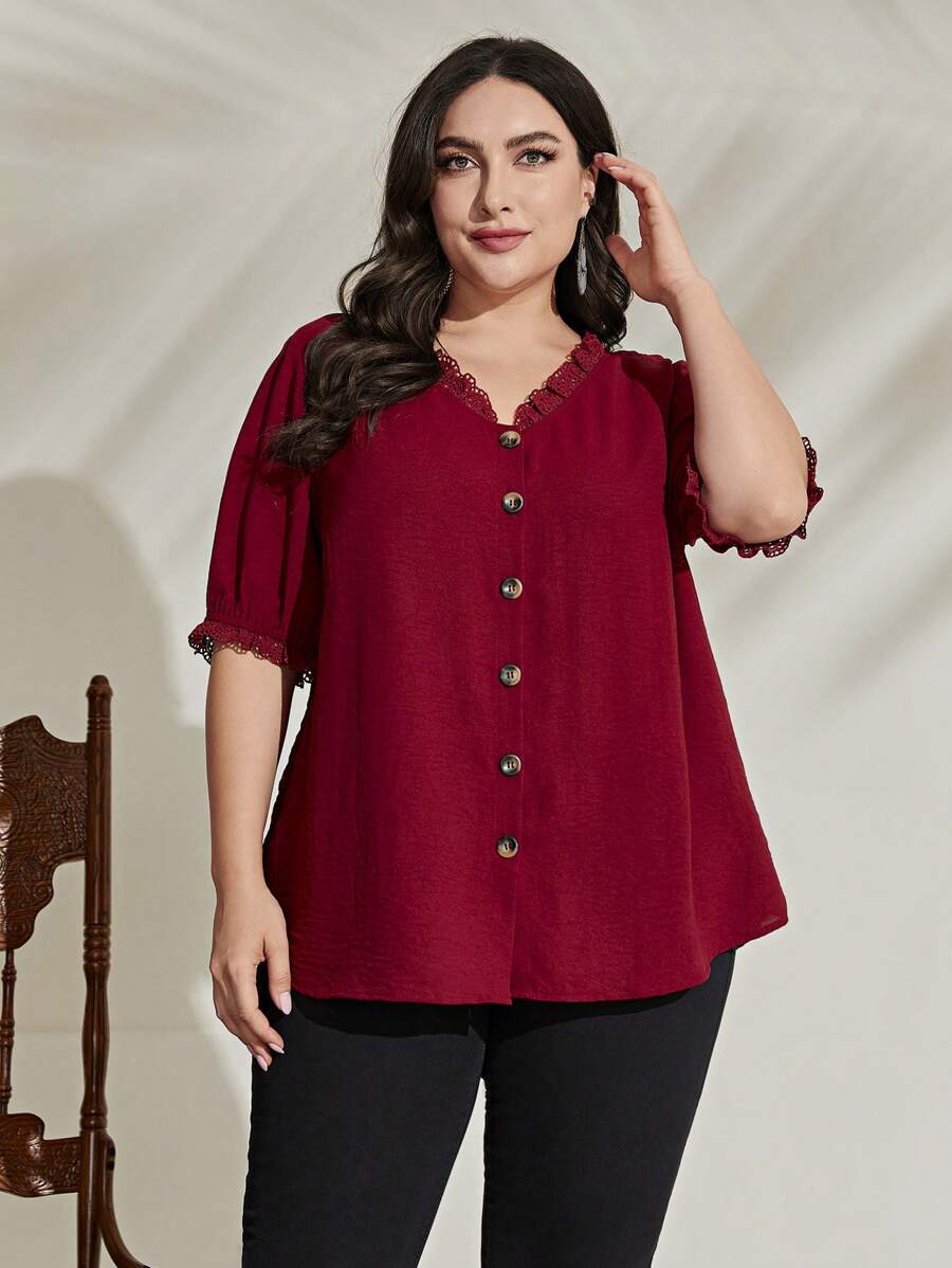 Mulvari Blusa de manga abullonada con botones delanteros en color rojo borgoña talla grande - Burdeos - Ver 1
