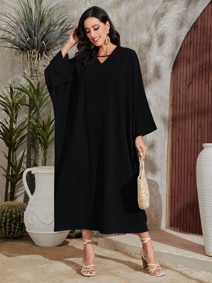 Al Najma Vestido unicolor de manga murciélago - Negro - Ver 1