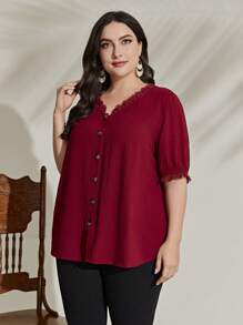 Mulvari Blusa de manga abullonada con botones delanteros en color rojo borgoña talla grande - Burdeos - Ver 4