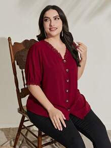 Mulvari Blusa de manga abullonada con botones delanteros en color rojo borgoña talla grande - Burdeos - Ver 5