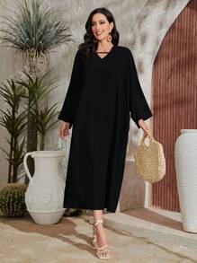 Al Najma Vestido unicolor de manga murciélago - Negro - Ver 3