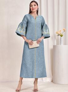 Al Najma Floral Embroidery Notched Neck Flounce Sleeve Dress, Modest