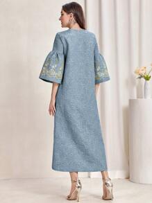 Al Najma Floral Embroidery Notched Neck Flounce Sleeve Dress, Modest