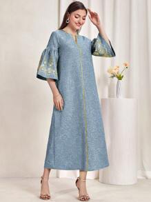 Al Najma Floral Embroidery Notched Neck Flounce Sleeve Dress, Modest