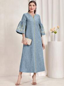 Al Najma Floral Embroidery Notched Neck Flounce Sleeve Dress, Modest
