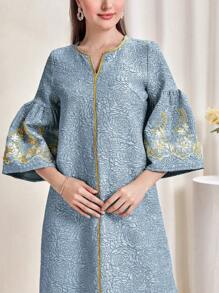 Al Najma Floral Embroidery Notched Neck Flounce Sleeve Dress, Modest
