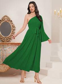 Mulvari Một bờ vai Tay áo kèn  Viền xếp Váy có thắt lưng - màu xanh lá - Xem 3