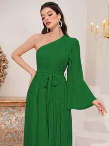 Mulvari Một bờ vai Tay áo kèn  Viền xếp Váy có thắt lưng - màu xanh lá - Xem 4