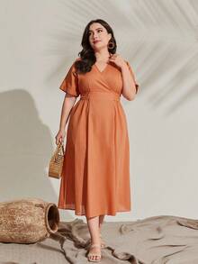 Mulvari 大碼素色交疊領A字洋裝 - 橘色 - 查看 3