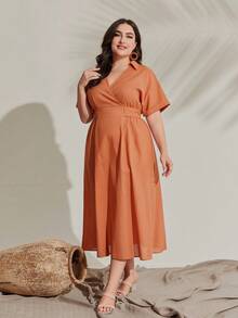 Mulvari 大碼素色交疊領A字洋裝 - 橘色 - 查看 4