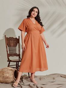 Mulvari 大碼素色交疊領A字洋裝 - 橘色 - 查看 5