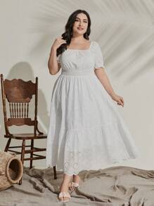 Mulvari Plus Square Neck Puff Sleeve Ruffle Hem Schiffy Dress - White - View 2