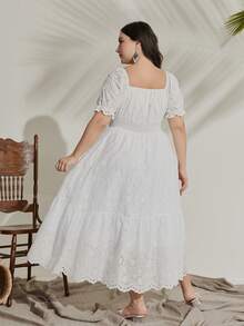 Mulvari Plus Square Neck Puff Sleeve Ruffle Hem Schiffy Dress - White - View 3