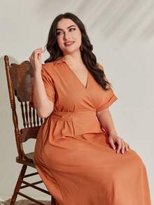 Mulvari 大碼素色交疊領A字洋裝 - 橘色 - 查看 6