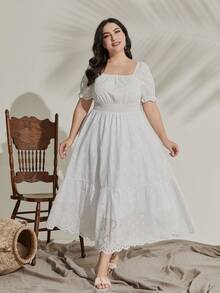 Mulvari Plus Square Neck Puff Sleeve Ruffle Hem Schiffy Dress - White - View 4