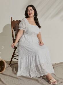 Mulvari Plus Square Neck Puff Sleeve Ruffle Hem Schiffy Dress - White - View 5