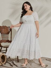 Mulvari Plus Square Neck Puff Sleeve Ruffle Hem Schiffy Dress - White - View 6