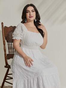 Mulvari Plus Square Neck Puff Sleeve Ruffle Hem Schiffy Dress - White - View 7