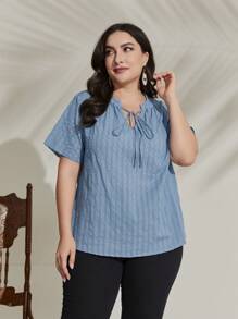 Mulvari Plus Tie Neck Solid Blouse - Blue - View 3