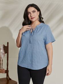 Mulvari Plus Tie Neck Solid Blouse - Blue - View 4