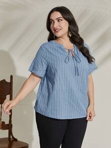 Mulvari Plus Tie Neck Solid Blouse - Blue - View 5