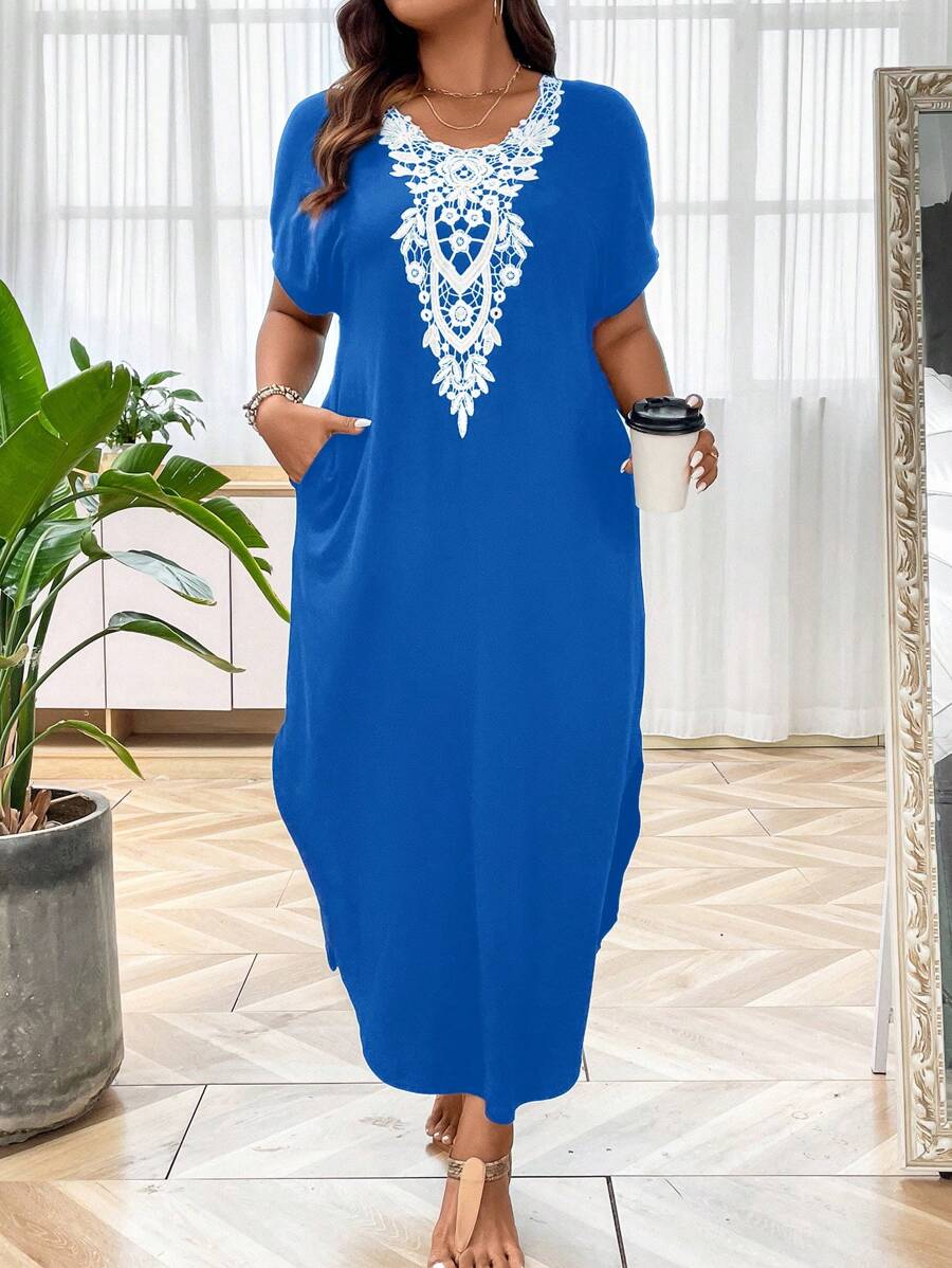 SHEIN LUNE Plus Batwing Sleeve Hidden Pocket Split Hem Dress - Blue - View 1